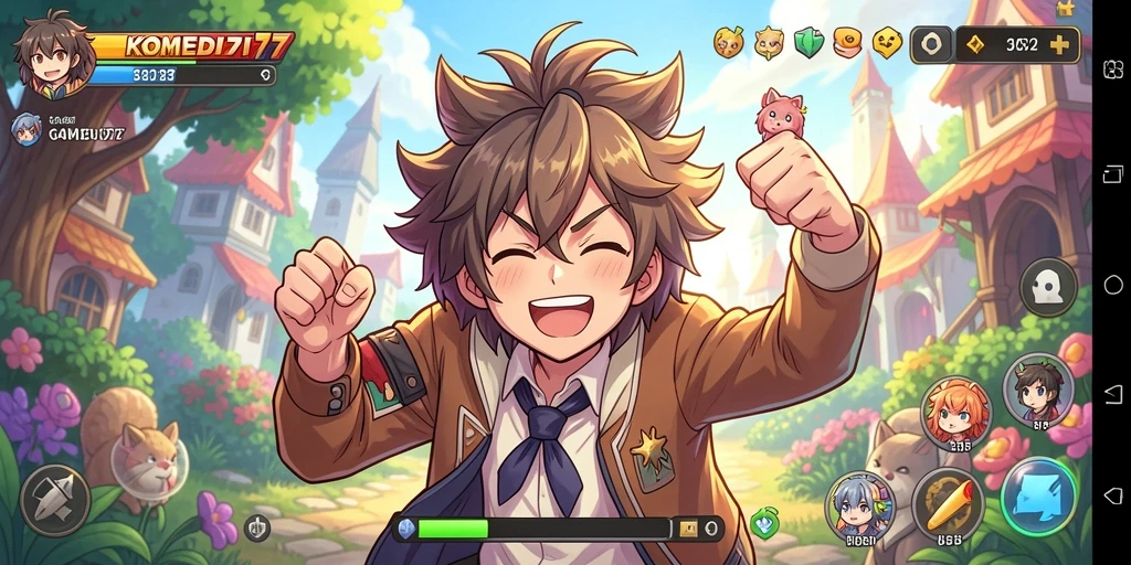 Screenshot gameplay <strong>KOMEDI77</strong> menampilkan karakter lucu dalam aksi penuh humor.