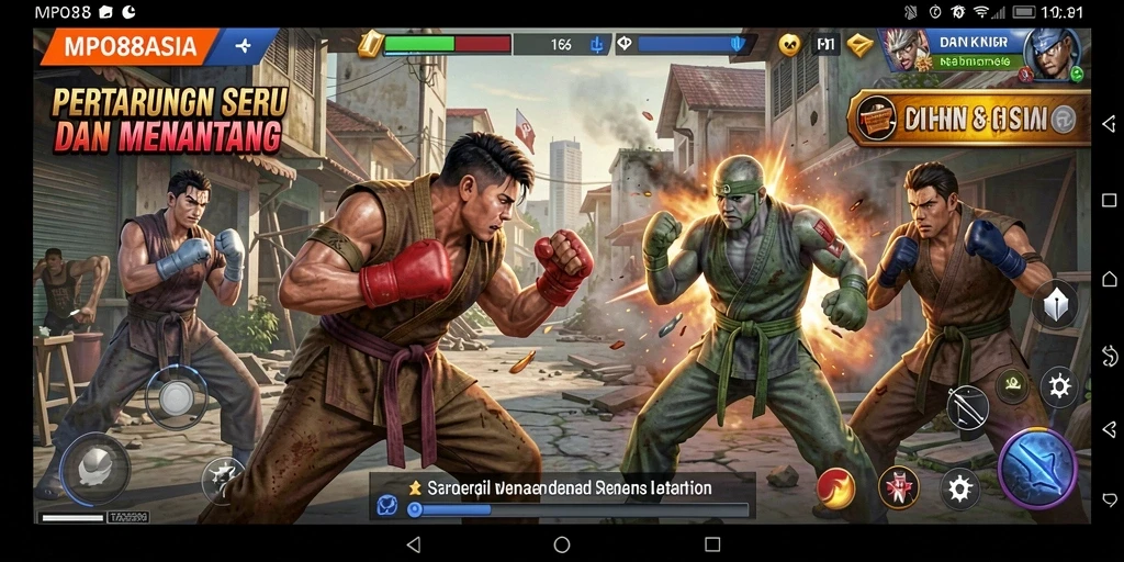 Screenshot menunjukkan karakter bertarung dengan efek visual mencolok.