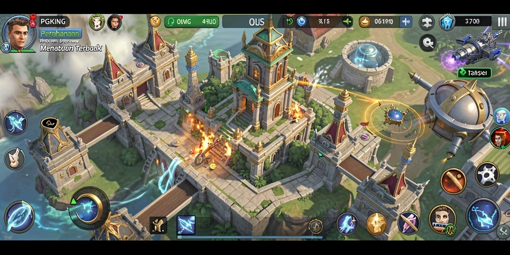 Screenshot gameplay PGKING menunjukkan menara bertahan dengan indahnya latar belakang strategis.