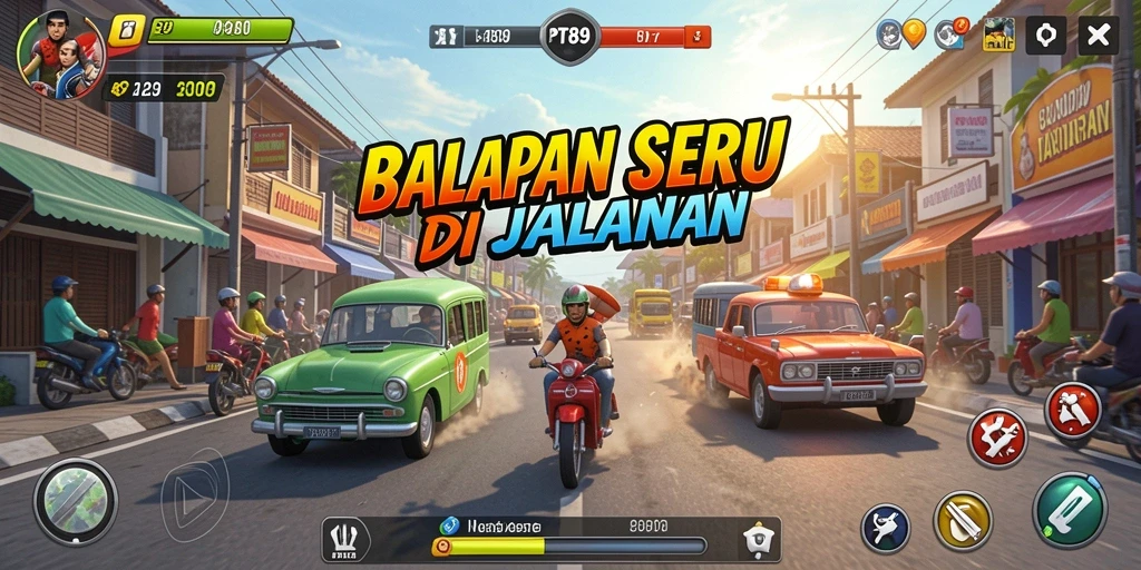 Gameplay Racing PT89 menampilkan mobil balap yang melaju kencang di lintasan.