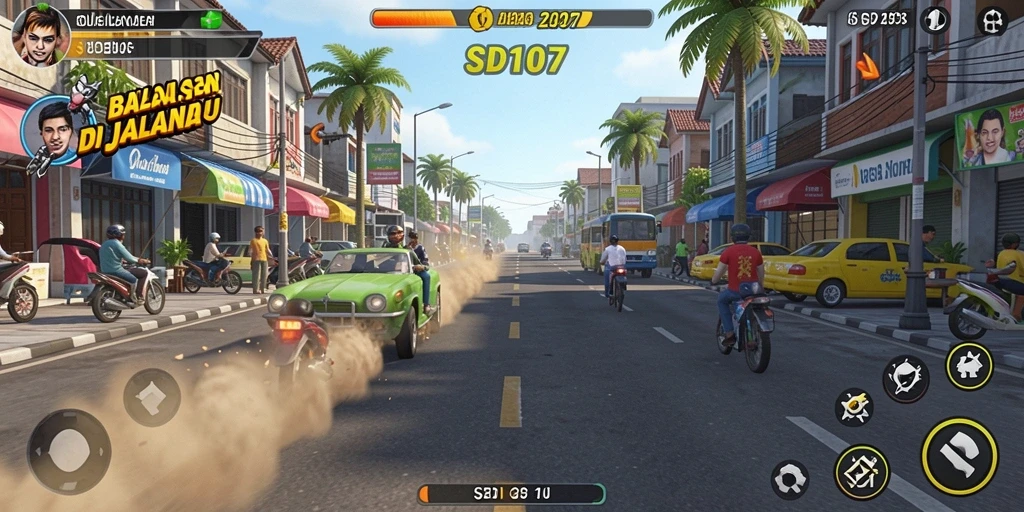 Tampilan gameplay <strong>SD107</strong> dengan aksi balapan yang intens dan mobil yang cepat.
