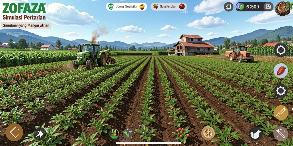 Tampilan gameplay ZOFAZA dengan ladang yang subur dan tanaman berkembang.